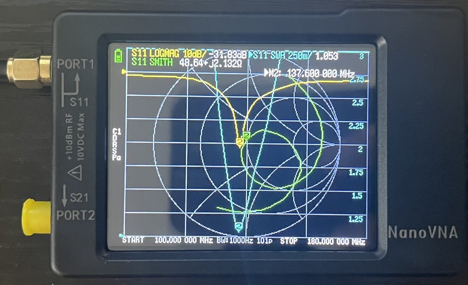 nanoVNA S11 sweep showing the dipole resonant near 137.9 MHz